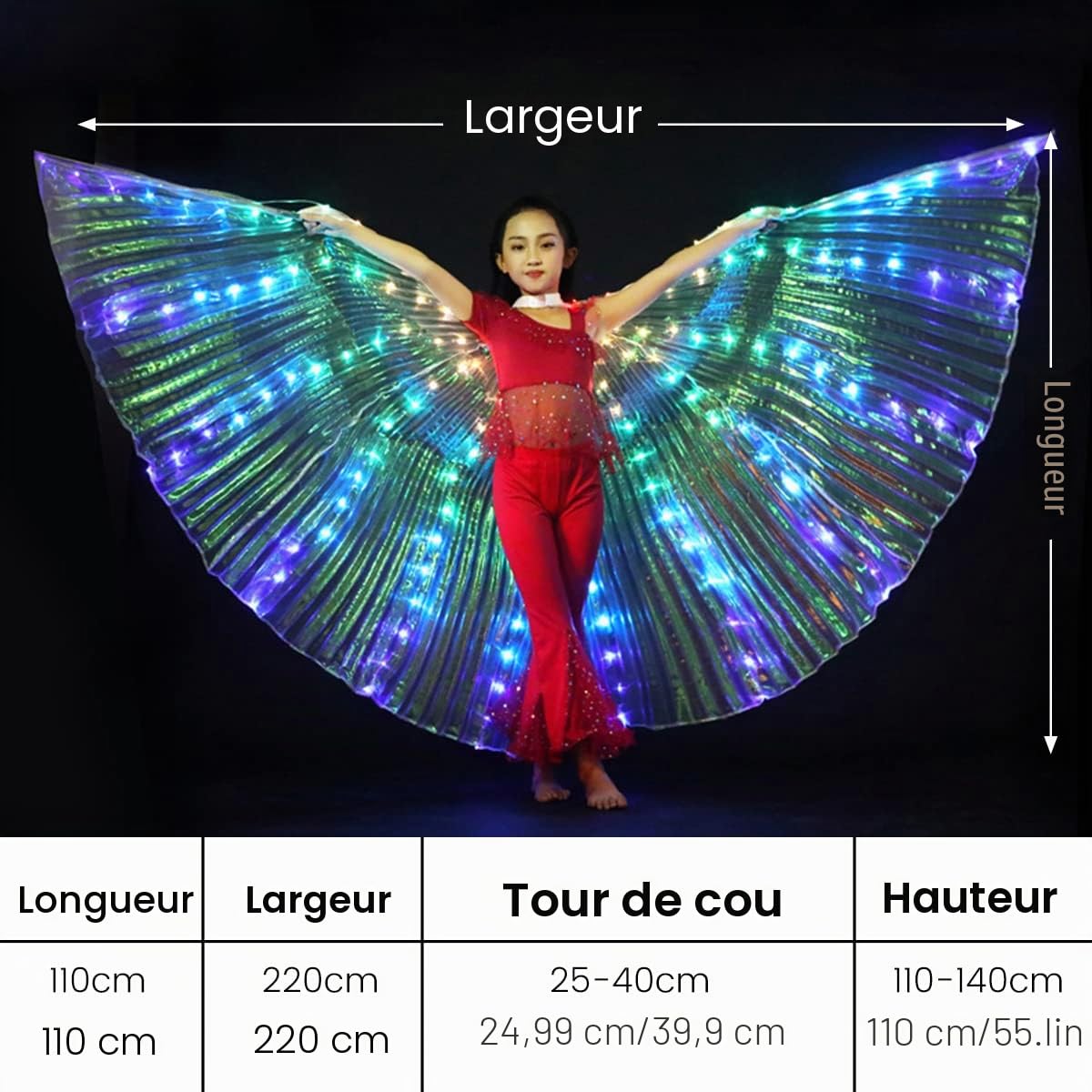 Ailes de Danse du Ventre pour Enfants - Ailes Lumineuses - Fermeture avec Barres télescopiques - 2 Modes de contrôle de la lumière - LED - Ailes de Papillon - pour Carnaval, scène, fête de Noël