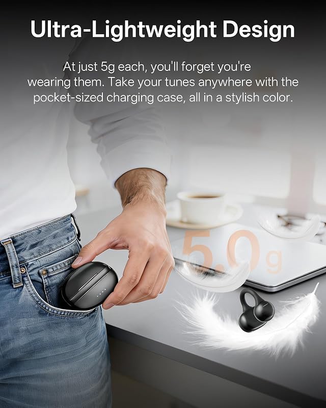 Clip On Earbuds, Open Ear Earbuds Wireless Bluetooth, Ear Clip Bluetooth Headphones for Running Sport, Lightweight Comfort, Secure Fit for Small Ears, Ultra Clear Calls with Mics, Waterproof, 40H Play image 7