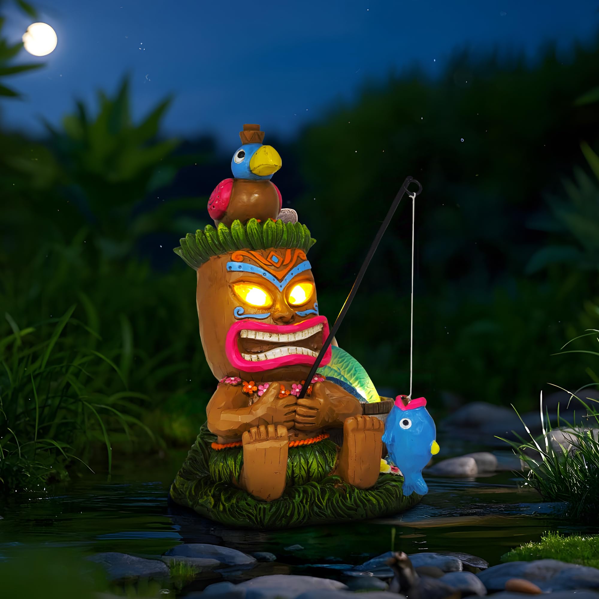 Estatuas solares de jardín Tiki: decoración divertida de barra Tiki de 8 pulgadas con luz solar, decoración exterior para césped, patio, jardín, regalos para inauguración de la casa (pescado)