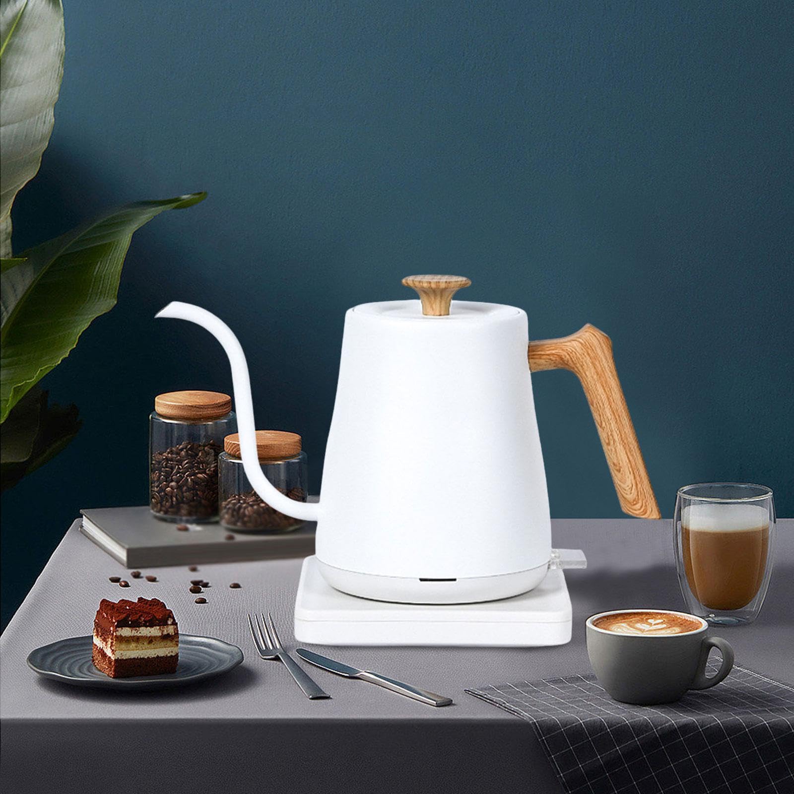 Hervidor Eléctrico de Acero Inoxidable con Largo Tetera de Cuello de para Infusiones y Café Hervidor de Agua con Apagado Automático y, Grano de Madera Blanco, Individual