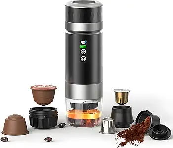 Cafetera Portátil Eléctrica de Cápsulas, Cafetera Espresso 20Bar Auto-Calefactable, Cafetera de Cápsulas 3 en 1 Compatible con Café Molido y Cápsulas NS, Depósito de Agua de 80 ml para Viajes, Coche