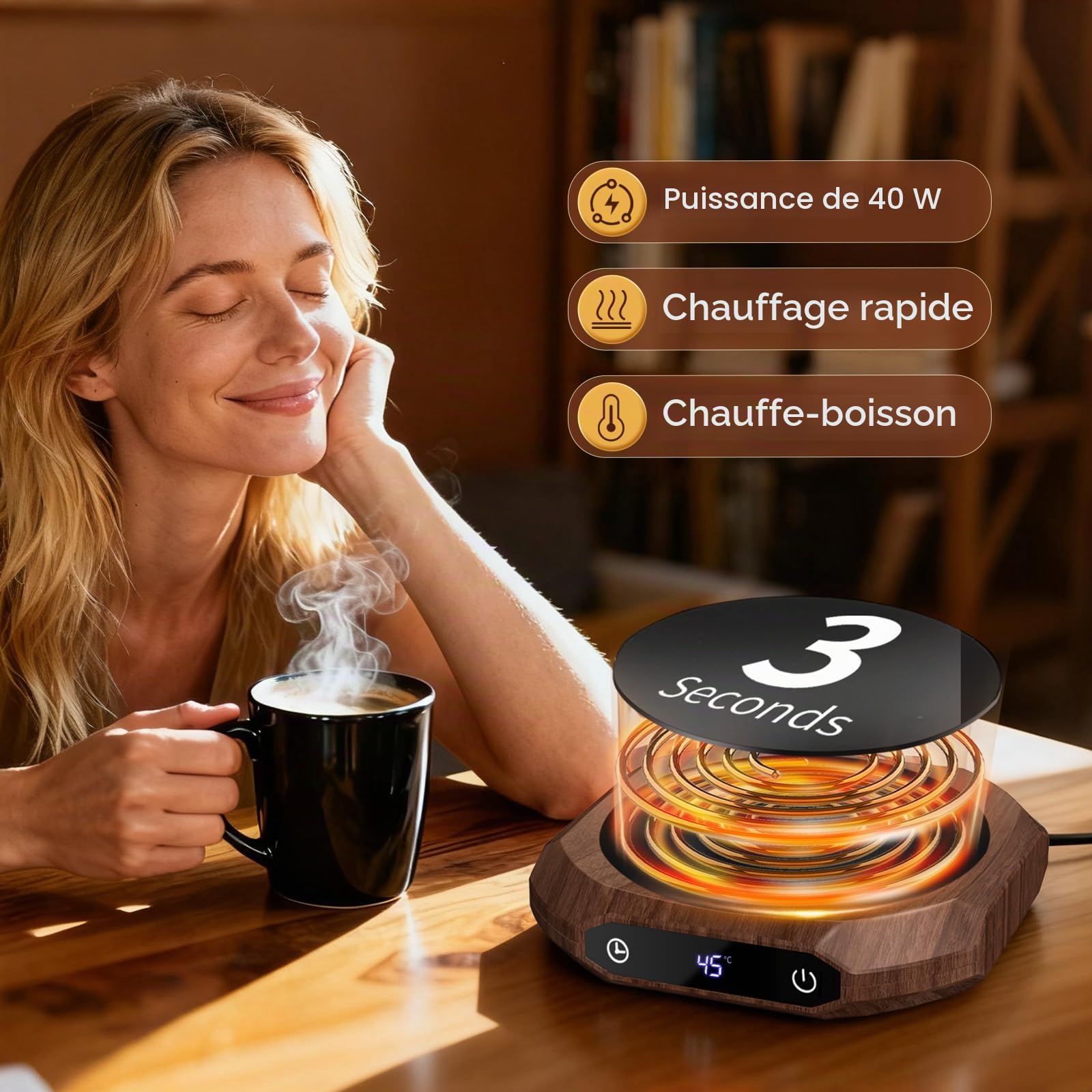 Chauffe Tasse, Chauffe café pour Bureau, Chauffe-Tasse à café,1-12H arrêt Automatique,Chauffe-Bougie Intelligent avec 3 réglages de température, Chauffe-Boisson électrique (Marron)