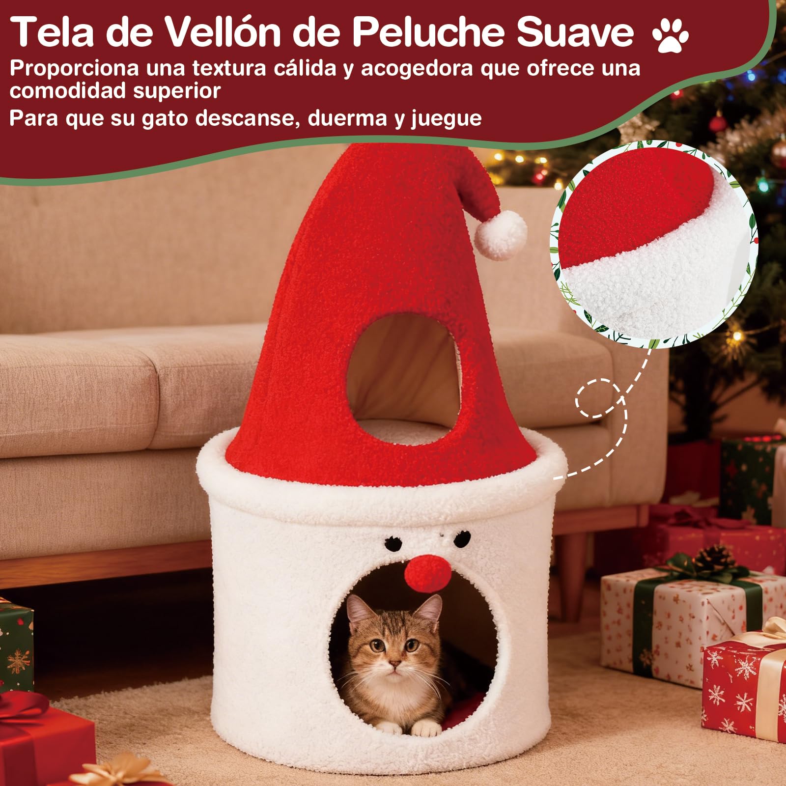 COSTWAY Árbol de Navidad para Gatos, 75 CM Torre para Gatos en Forma de Papa Noel con Percha Superior Acolchada, Condominio, Suave Cojín de Felpa, Casa Gato de Interior para Decoración Navideña