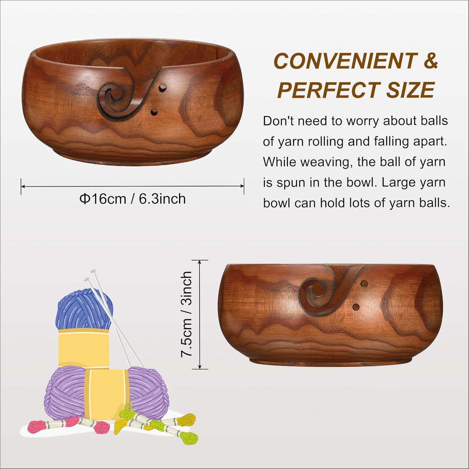 PATIKIL Wooden Yarn Bowls for Crocheting Bamboo Yarn Knitting Bowl Yarn Storage Bowls Yarn Holder Dispenser for Crocheting and Knitting, 6.3" x 3"