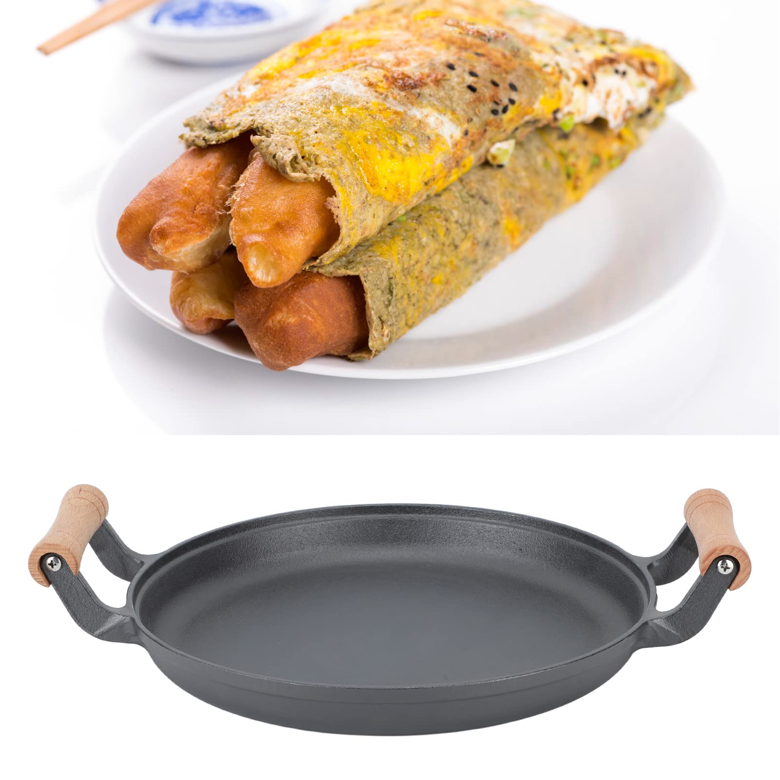 Patelnia Grillowa, Patelnia Do Grillowania Z Podwójnymi Drewnianymi Uchwytami Okrągła żeliwna Patelnia Do Smażenia Steków Do Smażenia Mięsa, żeliwna Patelnia Saute Do Spotkań Przy Grillu(33cm)