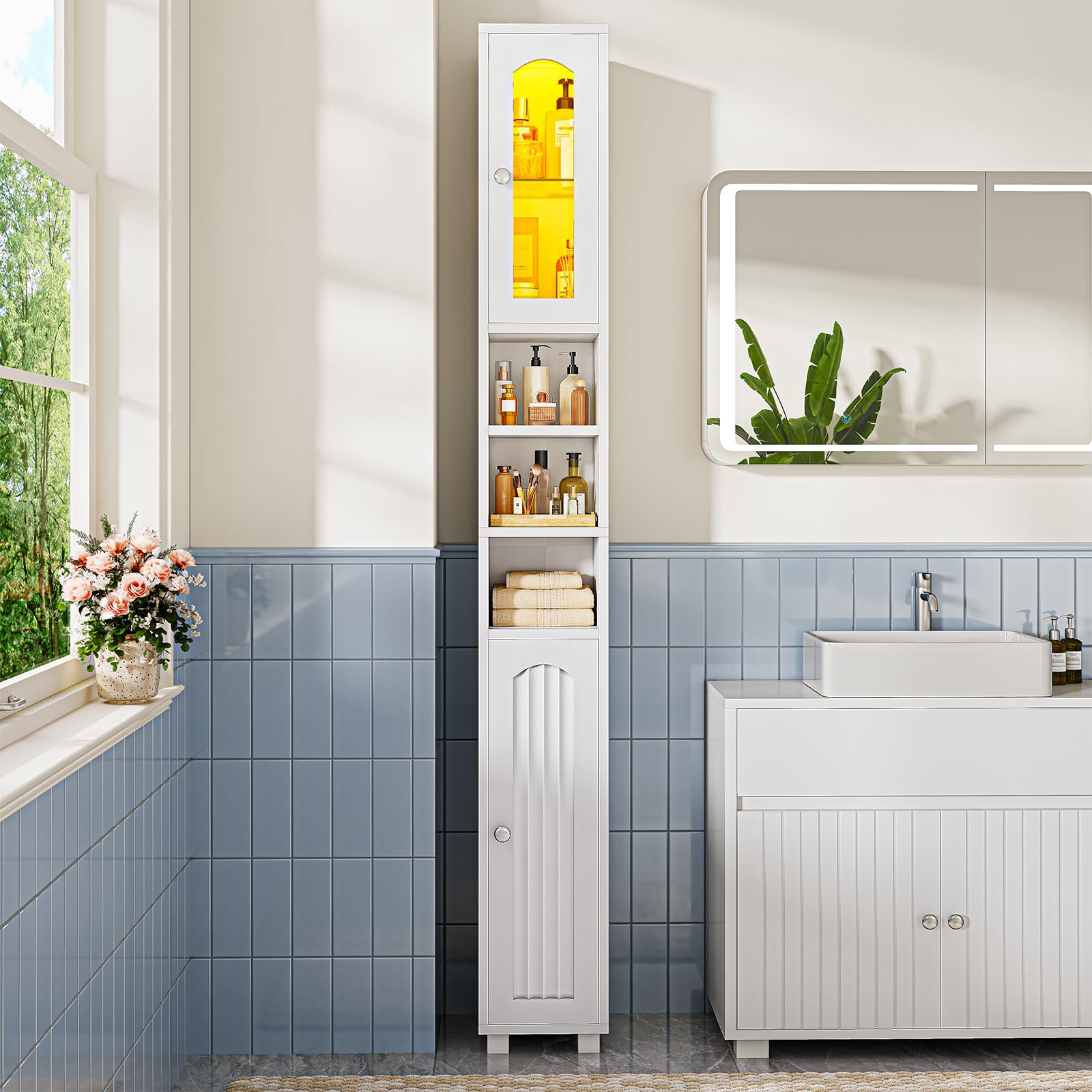 Badezimmerschrank schmal mit LED-Beleuchtung & Glastüren, Badezimmer Schrank mit verstellbaren Ablagen & offenen Fächern,Aufbewahrungsschrank Badschrank für kleine Bäder,19.5x19.5x180 cm,Weiß