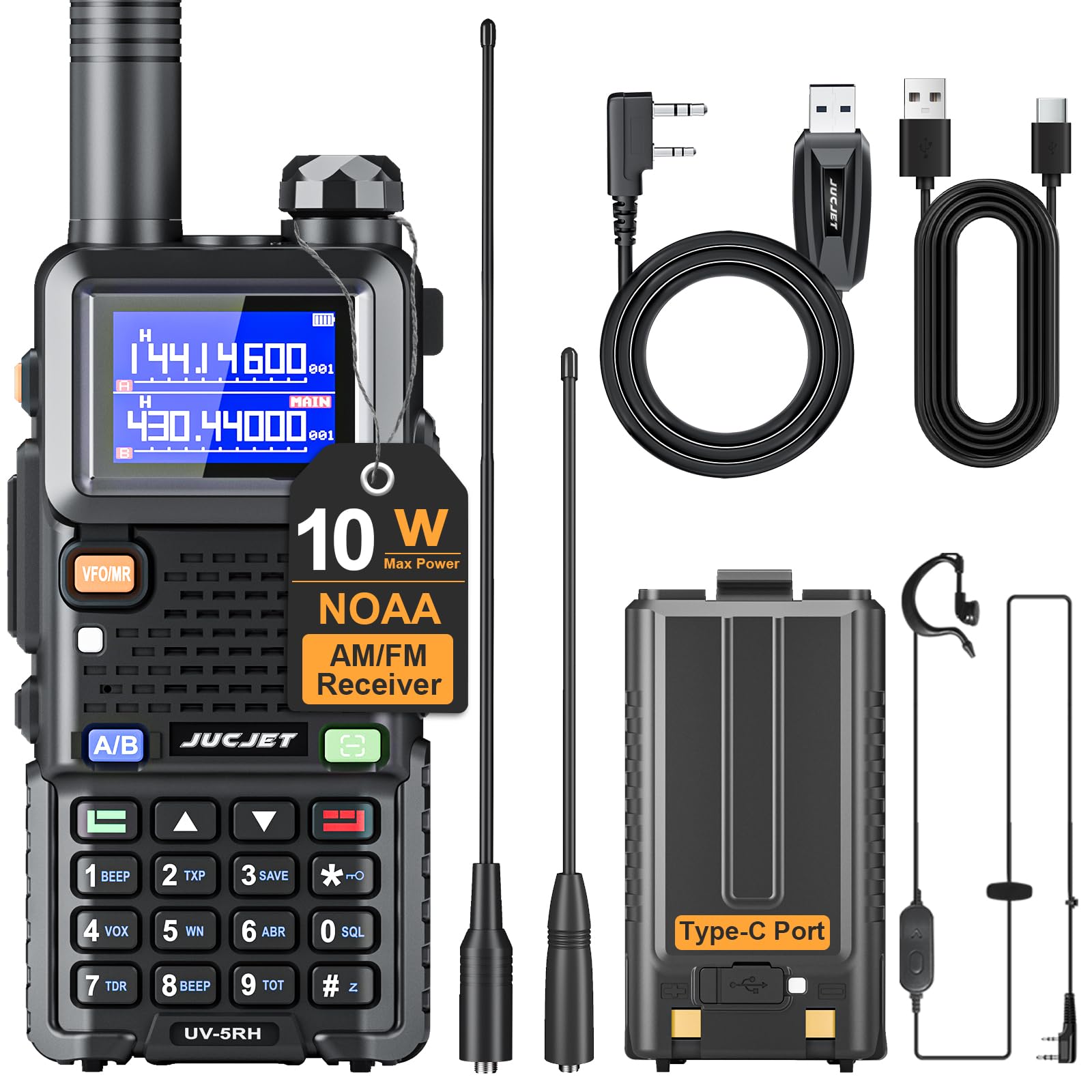 UV-5RH Talkies-Walkies Haute Performance Longue portée pour Adultes, autonomie de 2500 mAh, 999 canaux, antenne à Gain élevé, Lampe Torche, Station de Recharge USB (Lot de 1)