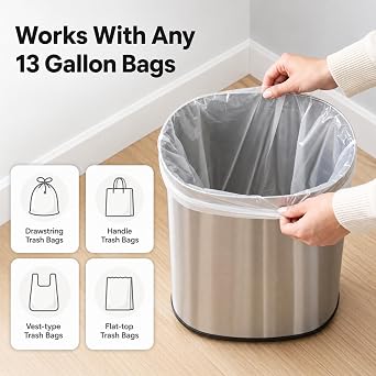 13 Gallon PRESS-OPEN Diaper Pail 135 Diaper Capacity Stainless Steel Baby Trash Can with AbsorbX Odor Filter, Extra-Wide Opening, No Refills Needed, for Nursery Diaper & Adult Incontinence Underwear