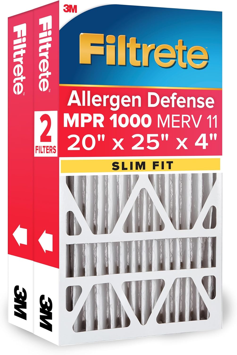 Filtrete 20x25x4 (SlimFit) AC Furnace Air Filter, MPR 1000, MERV 11, Allergen Defense, Electrostatic Air Cleaning Filter, 2-Pack (actual size 19.75 x 24.5 x 3.75 in)