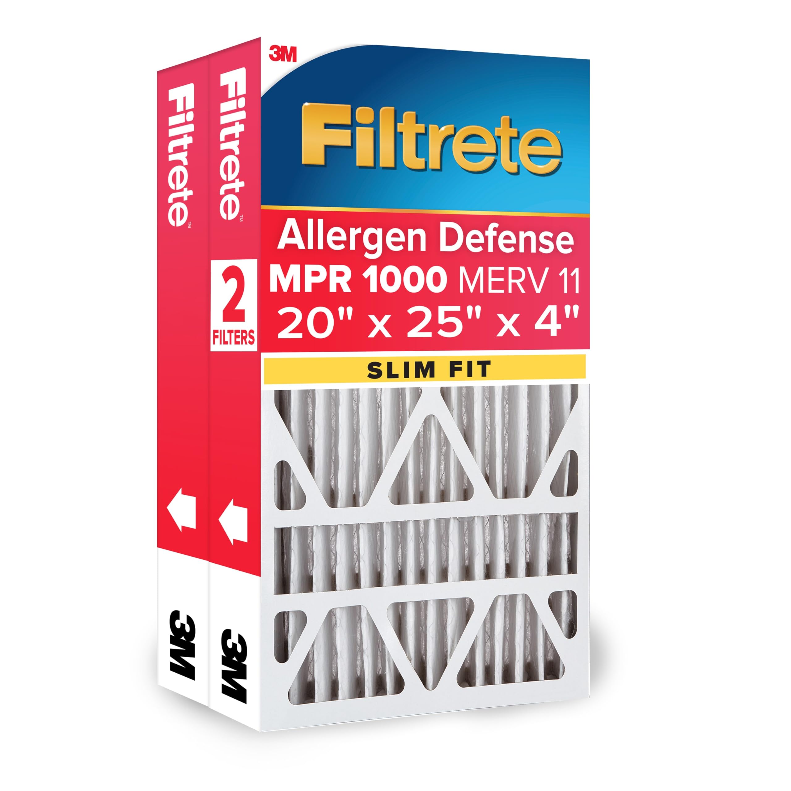 Filtrete 20x25x4 (SlimFit) AC Furnace Air Filter, MPR 1000, MERV 11, Allergen Defense, Electrostatic Air Cleaning Filter, 2-Pack (actual size 19.75 x 24.5 x 3.75 in)