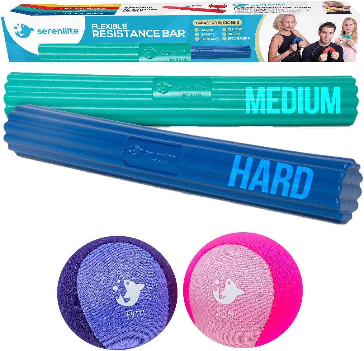 Serenilite Holiday Fitness Bundle - Green and Blue Flexible Bar (2pc.) and Pink and Purple Stress Ball (2pc.) Bundle