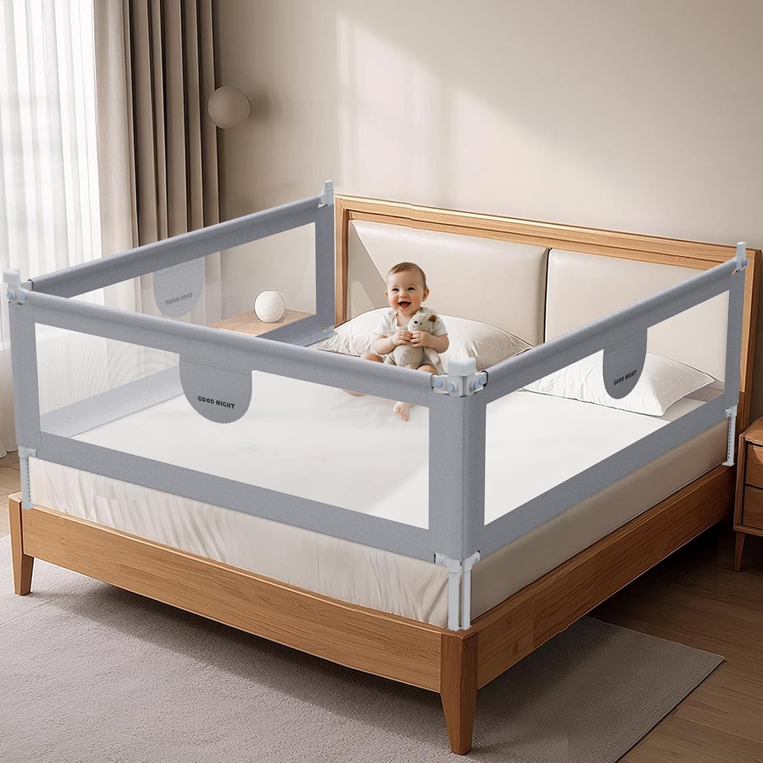 omzer Bed Rail for Toddlers - 3 Sides Safety Baby Bed Rail Guard with Child Lock, Infants Height Adjustment King Size Bed Guard Rail for Toddlers,78.74"X78.74"X74.8"
