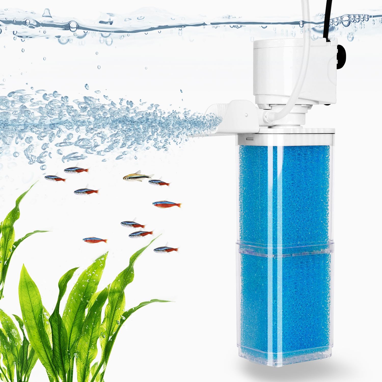 4-in-1 Aquarium Filter, 2 Stage Filtration Fish Tank Filters, Ultra Quiet Submersible Fish Filter with Adjustable Oxygenation Wavemaker, Water Circulation for 20-80 Gal Fresh/Salt Tank