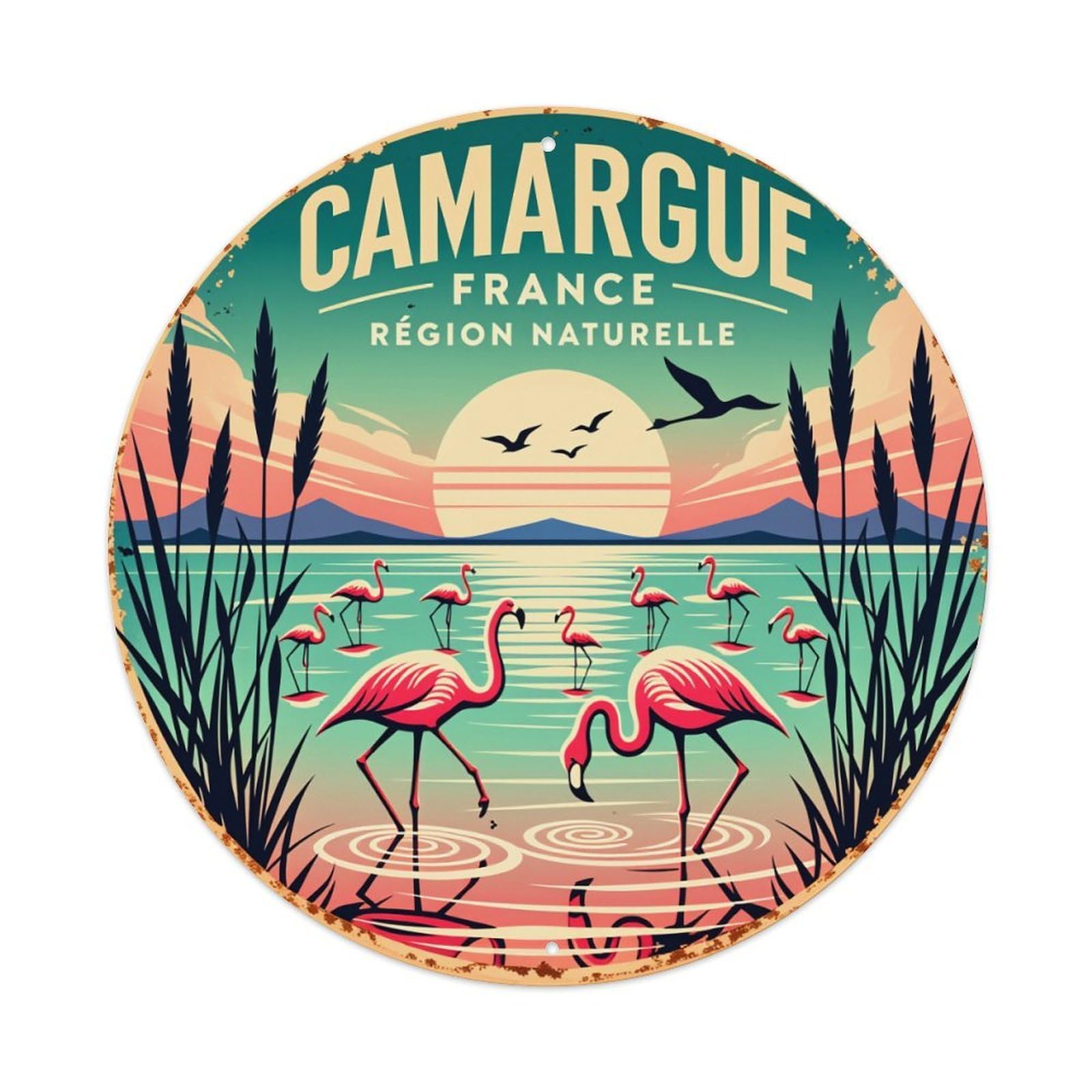 Flamingos Sunset Reeds Water Birds Round Tin Sign Vintage Style Metal Sign Home Bar Garden Wall Plaque Decor Metal Poster 8x8 Inch