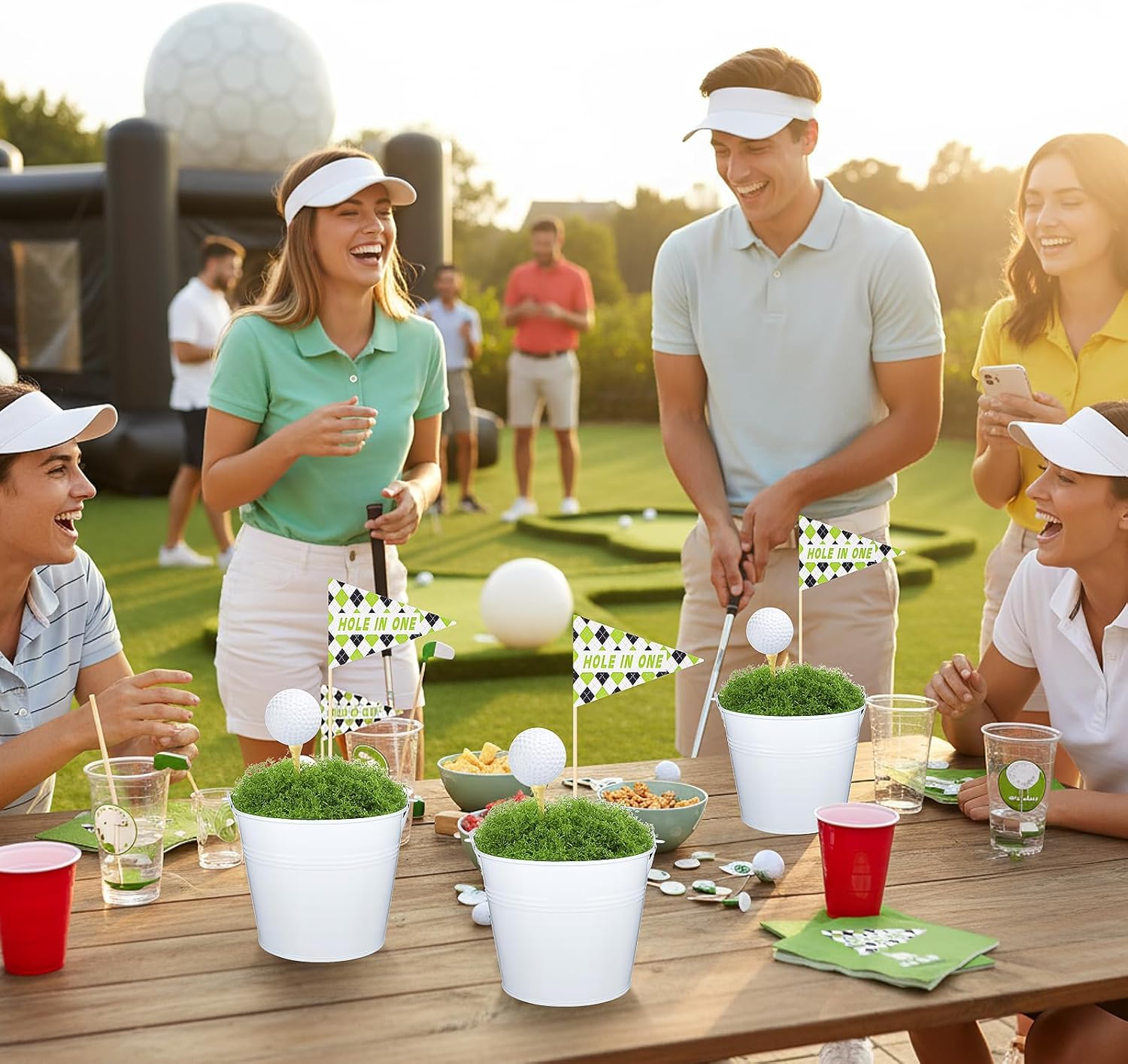 6 Set Golf Party Table Decorations Kit Party Supplies Includes Mini Golf Iron Bucket White Artificial Moss Lawn Flag Centerpiece Wooden Peg for Birthday Sport Themed Desk Rugby Favor(Round)