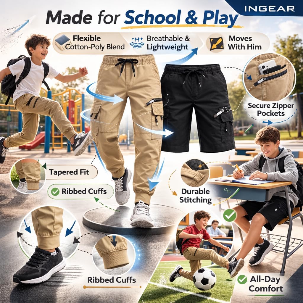 INGEAR Boys Cargo Jogger Pants, Elastic Waist, Zipper Pockets, Casual School Trousers - Image 6