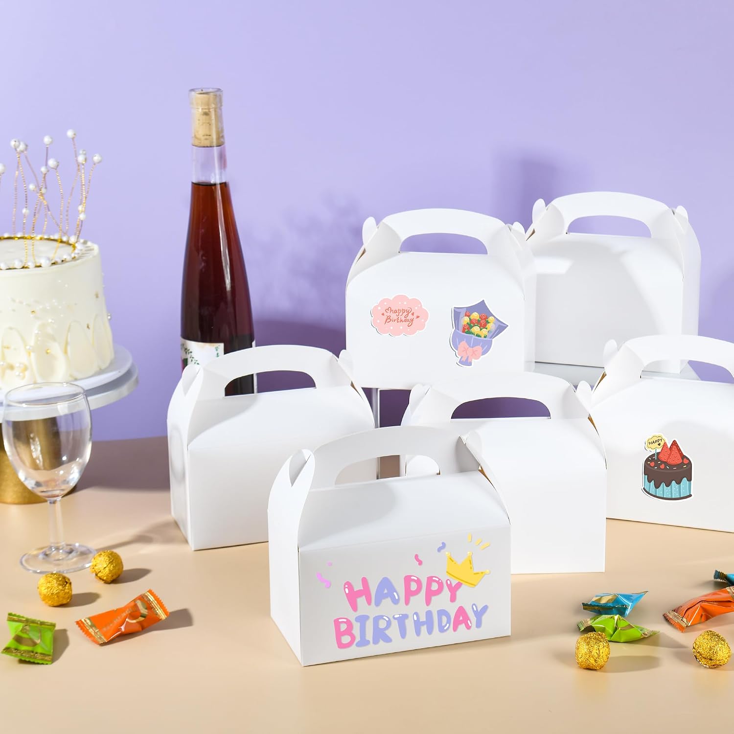 DjinnGlory 36 Pack White Party Favor Treat Boxes with Handle, DIY Paper Boxes for Baby Shower, Birthday, All Occasion, Small Gable Boxes for Small Business 6.18 x 3.58 x 3.38 Inches