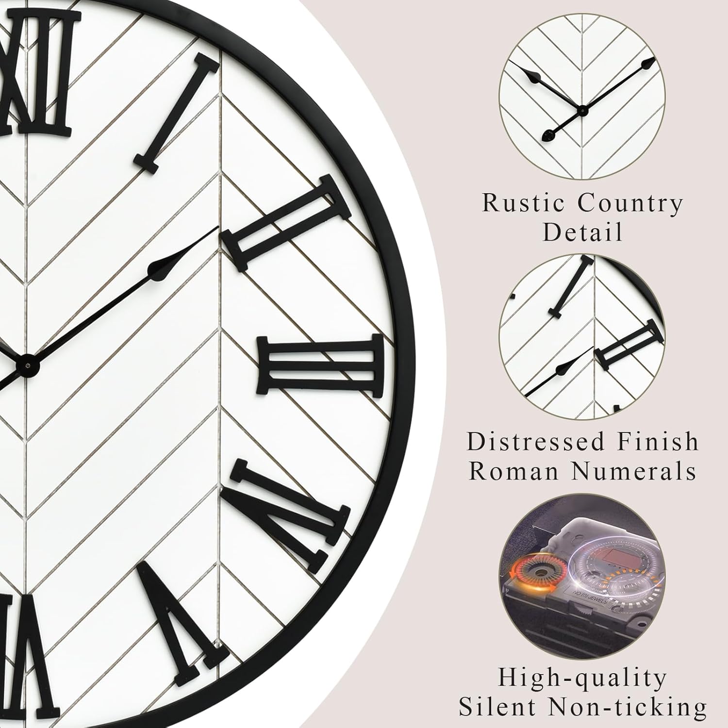 EMAX HOME 30 Inch Large Wall Clock Farmhouse Style - White Silent Non-Ticking Rustic Decor for Living Room, Kitchen, Bedroom