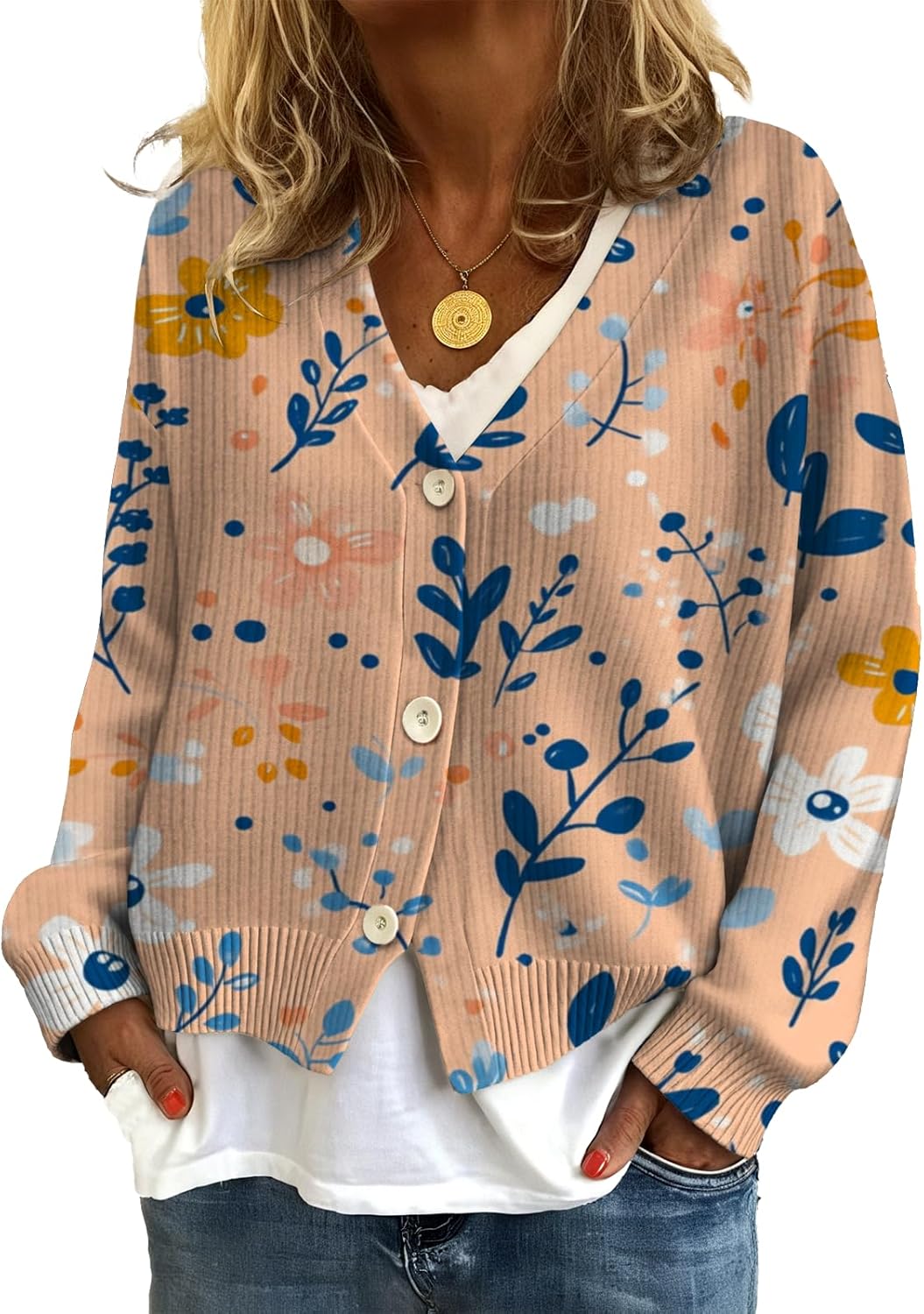 Cardigan Sweater for Women Floral Print Button V Neck Casual Winter Jacket Long Sleeve Knit Coatwear