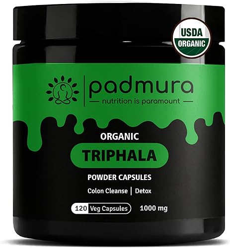 Cápsulas de polvo de trifala orgánica de 1000 mg Certificado orgánico USDA Sin OMG Sin gluten Vegano - 120 cápsulas vegetales