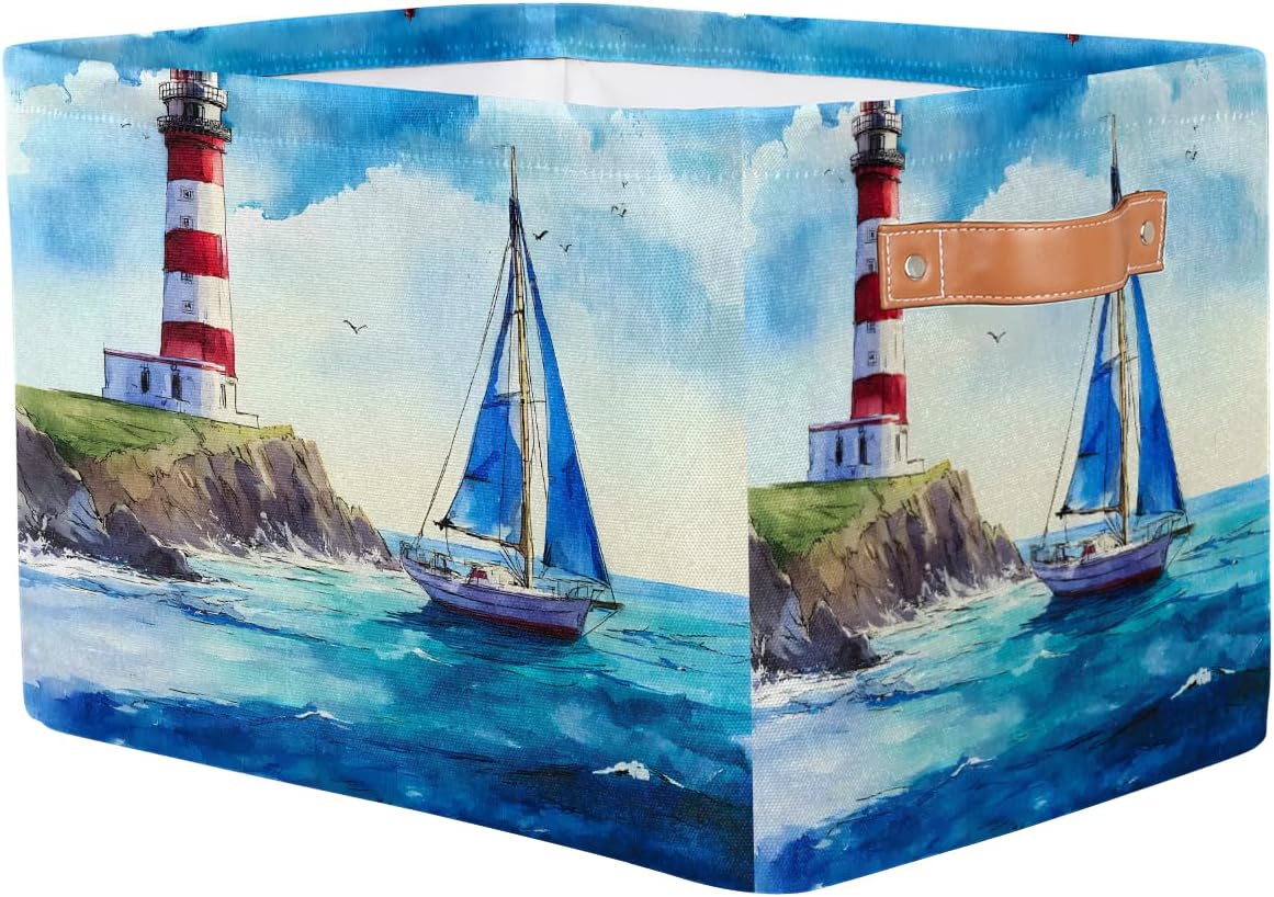 AUUXVA Storage Basket Watercolor Sea Lighthouse Sailboat Storage Cube Box Durable Canvas Collapsible Toy Basket Organizer Bin with Handles for Shelf Closet Bedroom Home Office