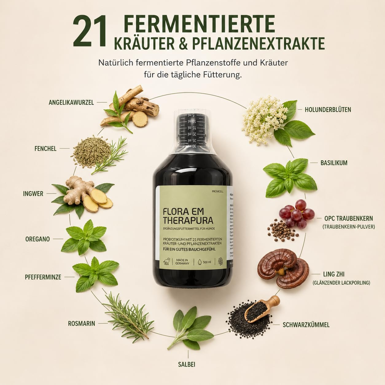 Flora EM Therapura Probiotikum für Hunde 500ml flüssig – Darmflora Aufbau mit 21 fermentierten Kräutern, Mikroorganismen & Pflanzenextrakten – Natürliche Verdauung Hund - Made in Germany