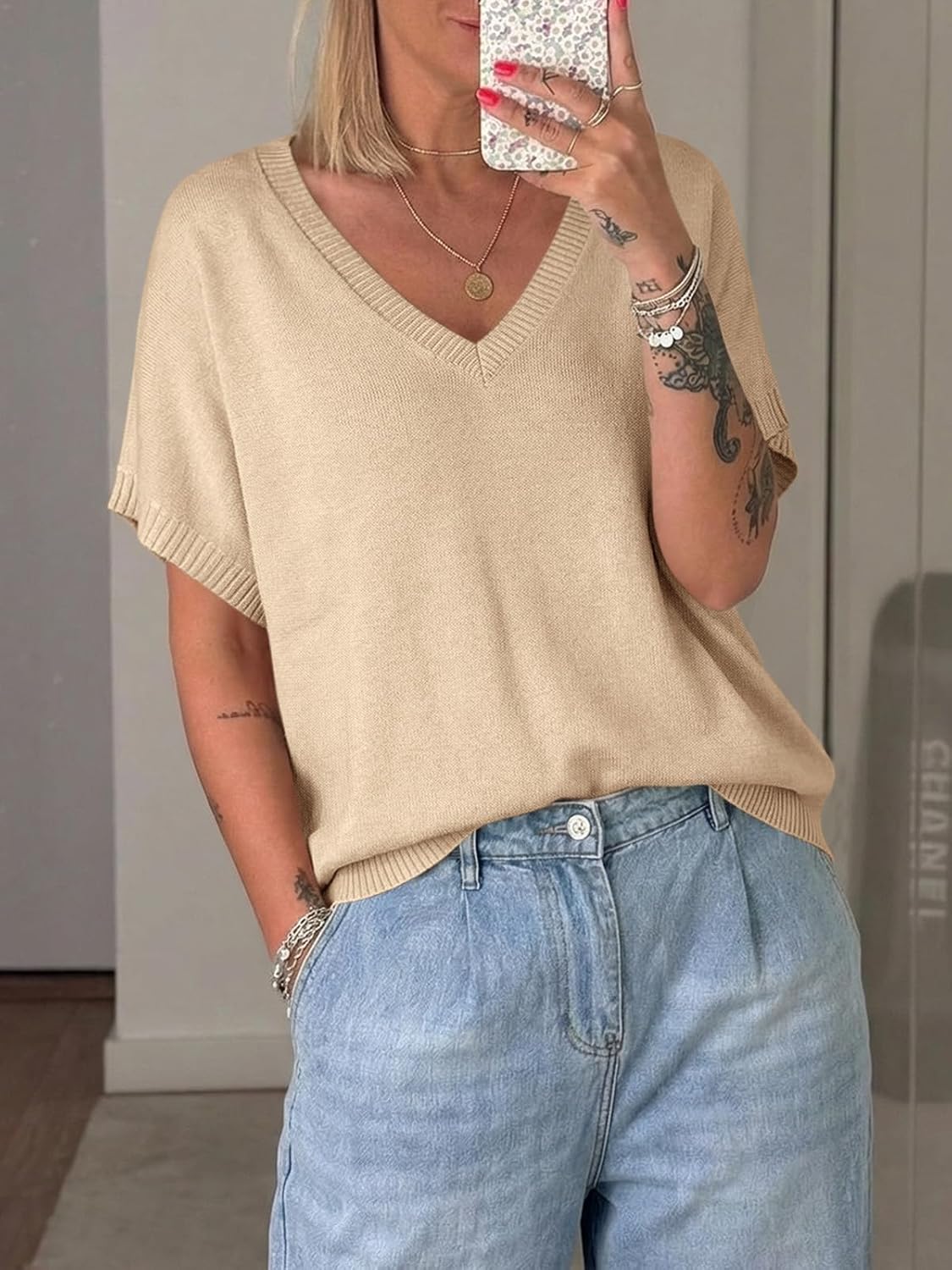 Saodimallsu Womens Oversized Sweaters Batwing Short Sleeve Lightweight V Neck Casual Summer Knit Pullover Tops - Image 5