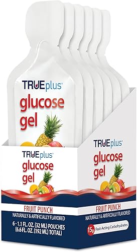 TRUEplus Bolsa de gel de glucosa, sabor a ponche de frutas, 0.53 oz de carbohidratos de acción rápida, sin grasa, sin gluten, soporte rápido para