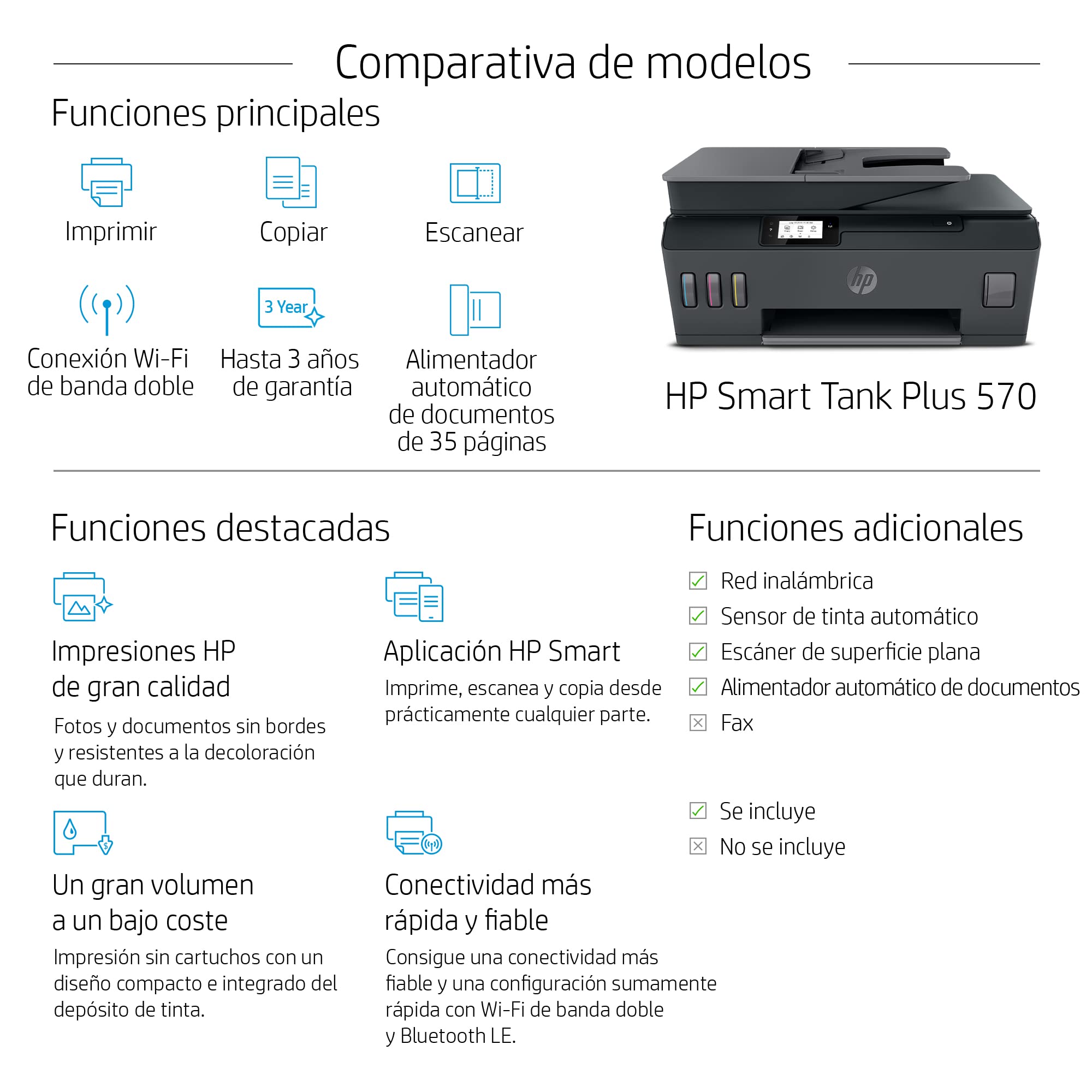 HP Smart Tank Plus 570 5HX14A- Impresora A4 Multifunción con Deposito de Tinta Recargable, Impresión a Color, Escaner, Copiadora, Wi-Fi, Smart App, Negro