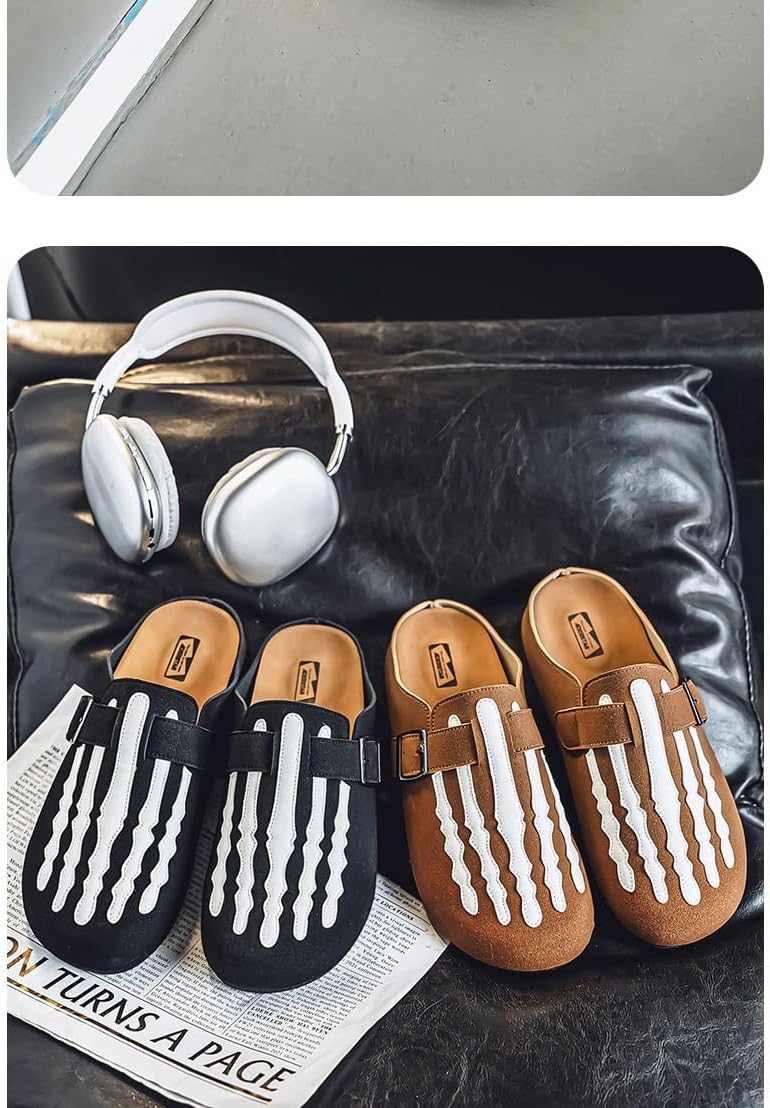 Gothic Faux Suede Slip On Mules for Men Casual Indoor Outdoor Streetwear Clogs with Funny Skeleton Bone Graphic and Adjustable Buckle Strap