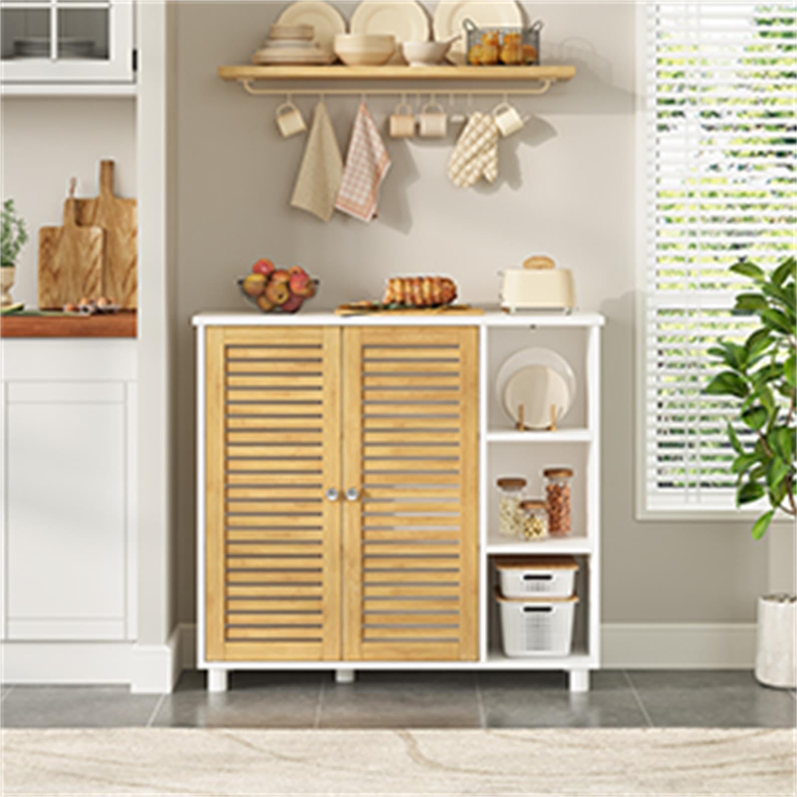 Meuble de Salle de Bain, Commode, Meuble Rangement Salle de Bain avec 3 Étagères Ouvertes et 2 Portes en Bambou, Armoire Gain de Place pour Salle de Bains, Cuisine, Salon, 77 × 30 × 80CM