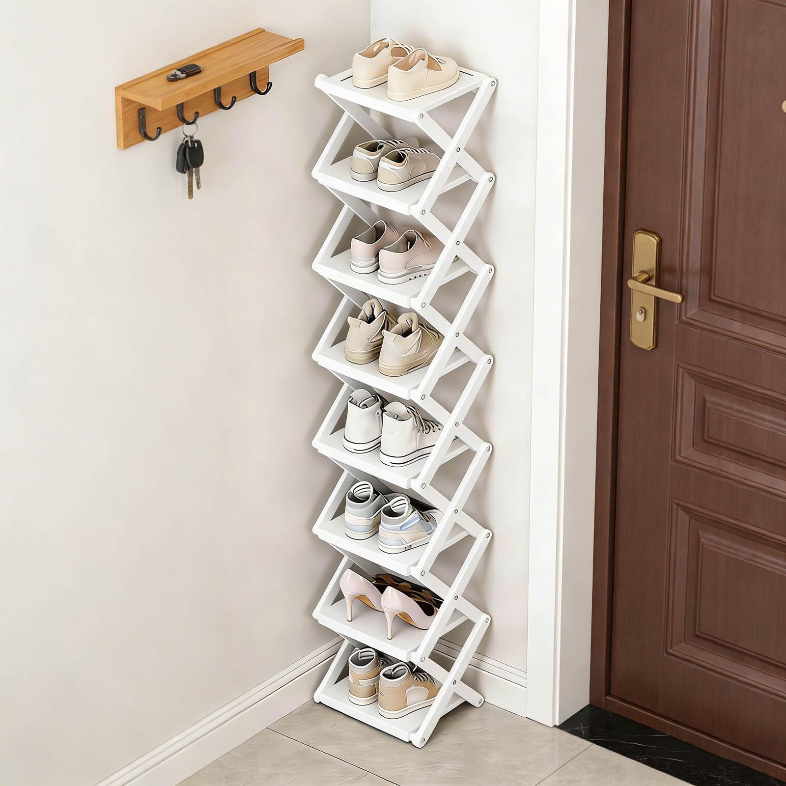 Zapatero de bambú de 2/3/4/5/6/7/8 niveles, no requiere instalación, zapatero plegable, almacenamiento multicapa, fuerte capacidad de carga, ahorro de espacio, para interiores, balcón (blanco, 7)