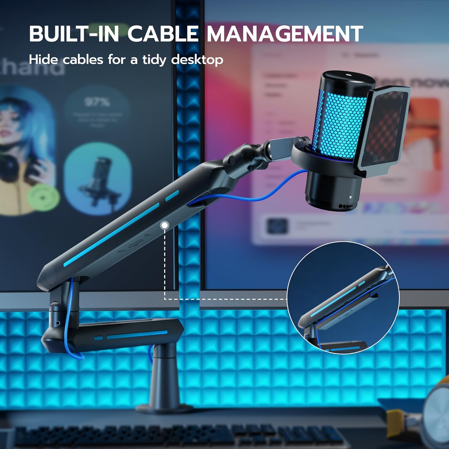 ARES WING Aluminum Low Profile Mic Arm with 4.4 lbs Load Capacity, Adjustable Microphone Boom Arm with 3/8” to 5/8” Screw Adapter, Desk Mount Mic Stand for Gaming Streaming Podcasting, Black