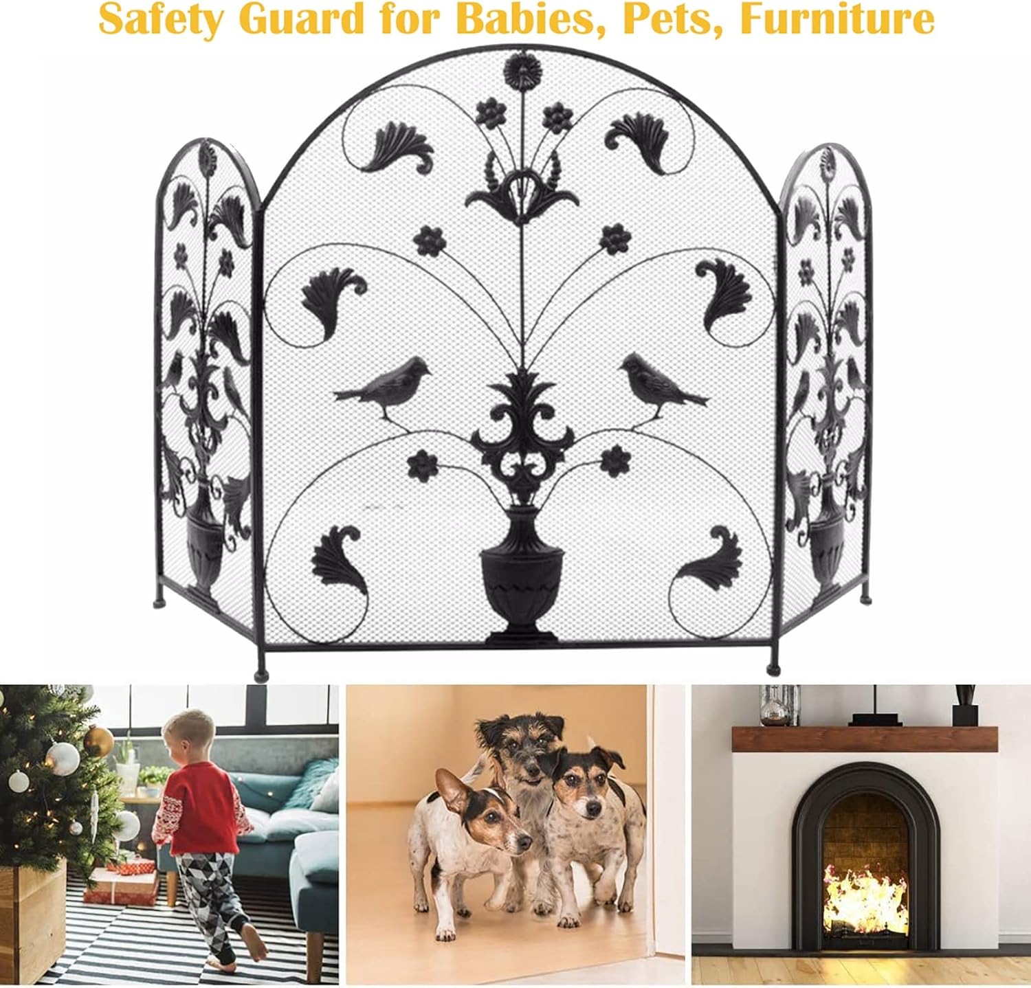 Handmade Wrought Iron Fire Screen - 124x83cm Spark Guard for Living Room, Antique Finish Fireplace Protector, Durable Mesh Fireguard for Safety & Style