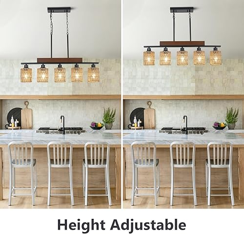 Miniatura 5 de Candelabros de ratán para comedor, iluminación de isla de cocina bohemia, lámpara lineal de 5 luces, lámpara colgante rectangular, candelabros de