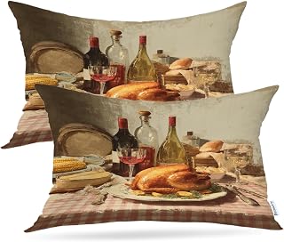 Batmerry Roasted Turkey Wine Corn Throw Pillow Covers, Rustic Dinner with Wine and Bread Pillow Covers Digital Printing Blended Fabric for Couch Sofa Bed Invisible Zipper 12X20 in(Set of 2)