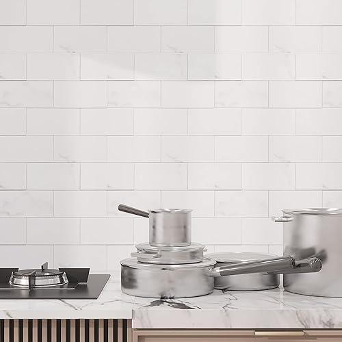 Miniatura 9 de Avant Decor  8 azulejos  Metro blanco grande compuesto de piedra  Azulejos de cocina para despegar y pegar  Azulejos de pared para pegar  Fácil de