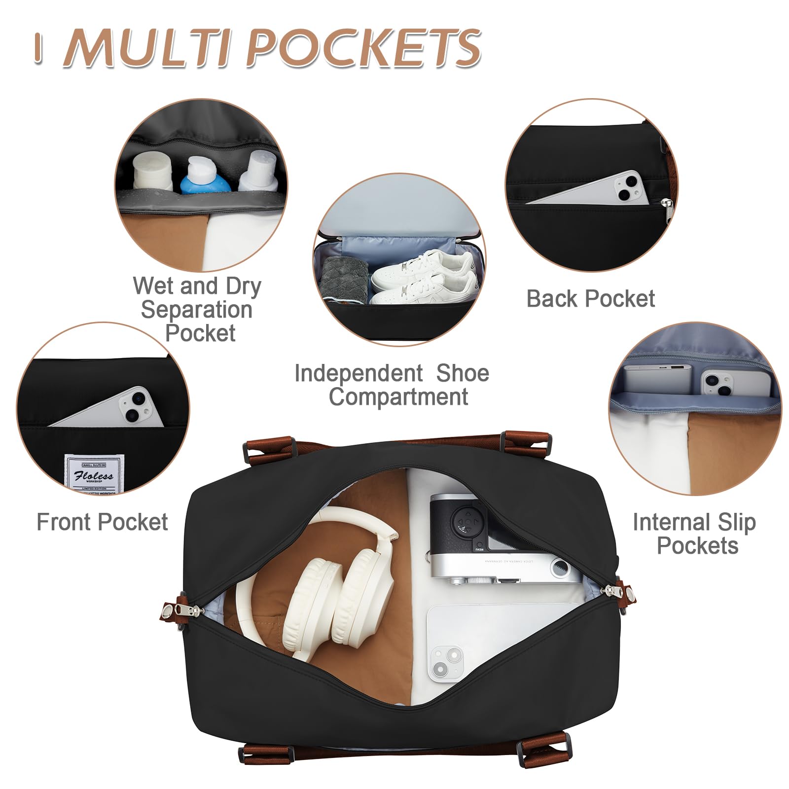 WEPLAN Borsone da Viaggio Donna 40x20x25 Ryanair Borsa da Viaggio Aereo Bagaglio a Mano Borsa Sportiva Donna Weekend Borsone Palestra Ospedale Piscina con Scomparto per le Scarpe,Nero con Marrone