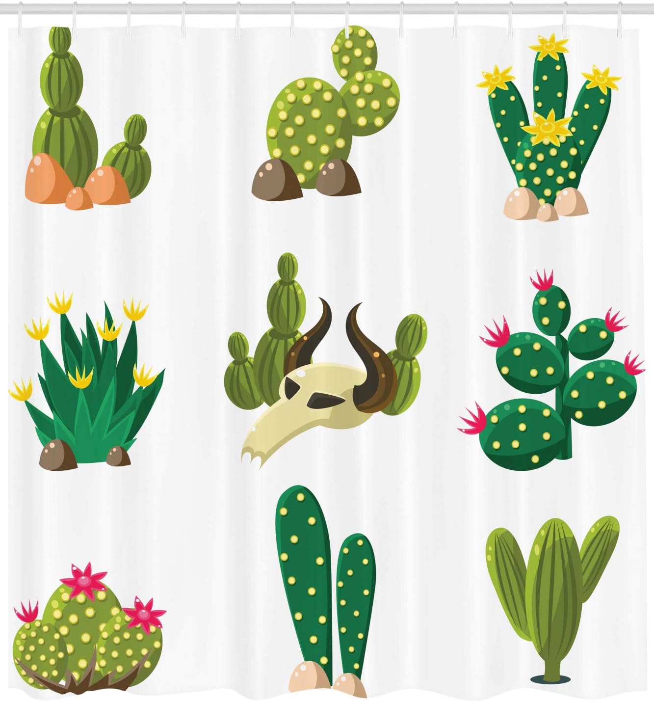 Ambesonne Cactus Shower Curtain, Mexican Themed Print of South Desert Animals Cacti Plants Skeletons and Flowers Cartoon Illustration, Fabric Bathroom Decor Set with Hooks, 69" W x 75" L, Multicolor
