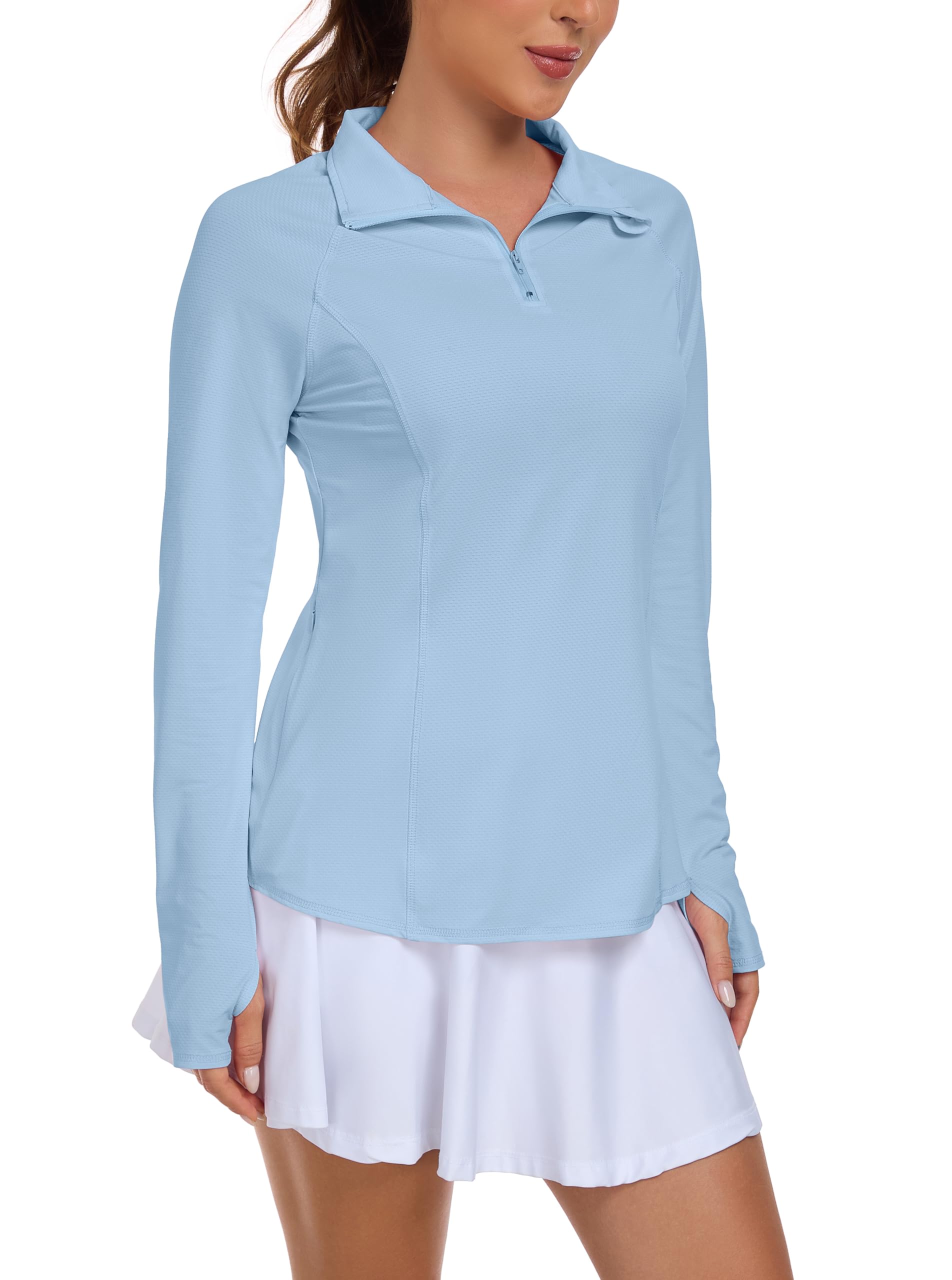 IWOLLENCE Laufshirt Damen Langarm Lockerer Fit Sportjacke Funktionsshirt Sportshirt UV Schutzshirt UPF 50+ UV 1/4 Reißverschluss mit Daumenlöchern und versteckter Tasche rechts