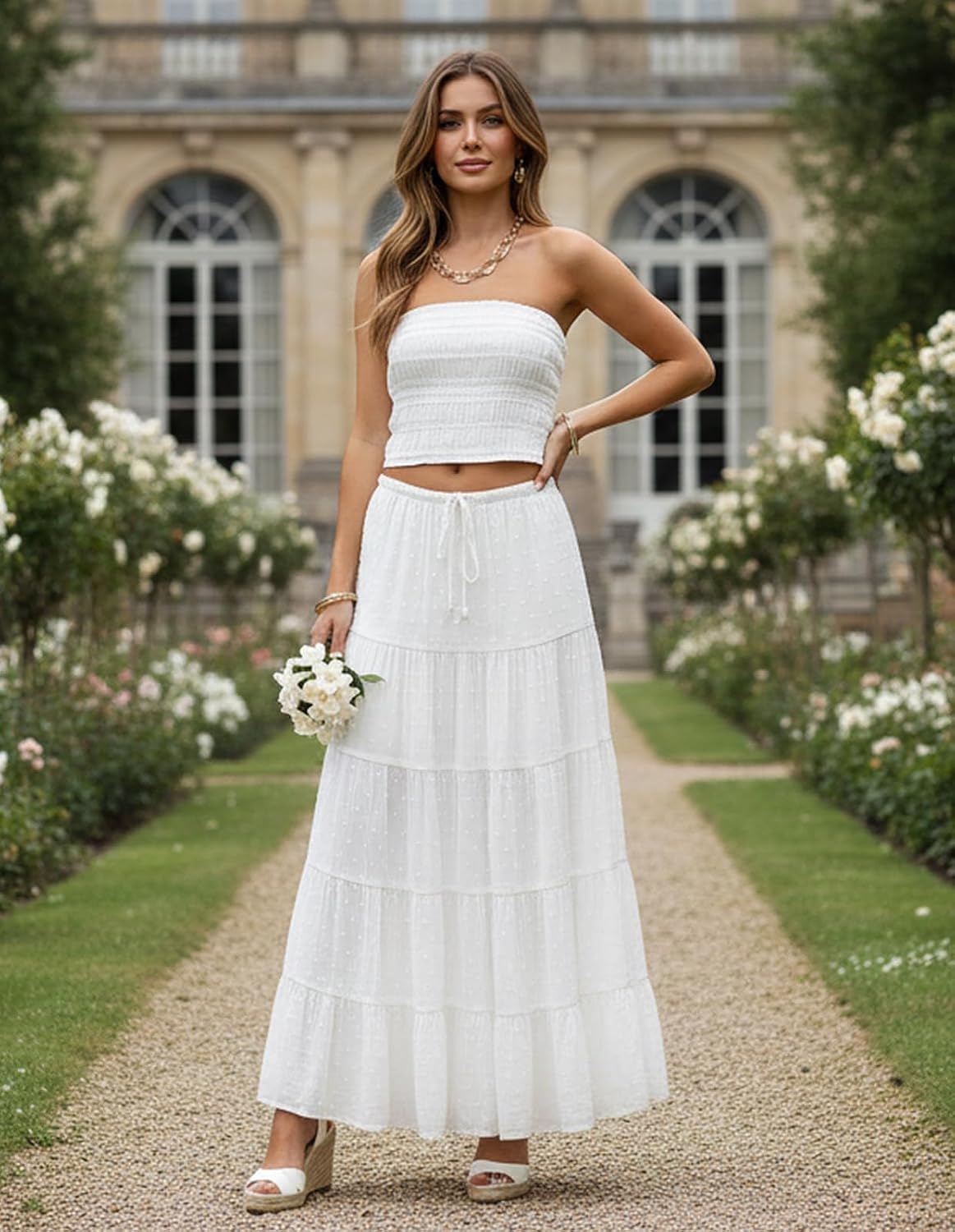 EG CHRIS G White Maxi Skirt for Women Casual Elastic Waist A-Line Pleated Summer Boho Beach Long Skirt