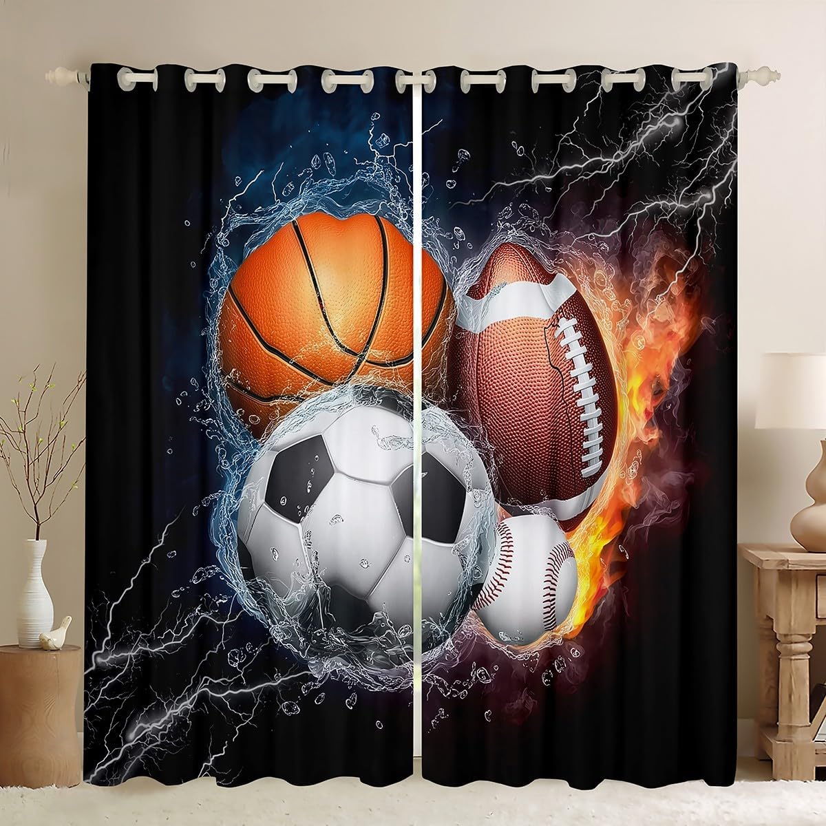 Erosebridal Sports Curtains Boys 104Wx63L,Baseball Soccer Blackout Curtains Kids Teens Basketball Football Window Curtains Living Room Ball Games Window Treatments,Fire Ice Trippy Lightening Decor