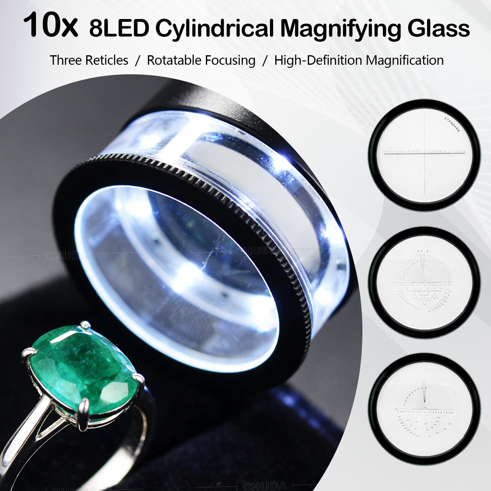 Lupa de Joyero, Lupa de Aumento portátil 10x con 8 Luces LED y Escala de Vidrio de 3 Recargable Campo de Visión de 25 mm para Joyería, Gemas, Monedas, Herramienta de Hobby