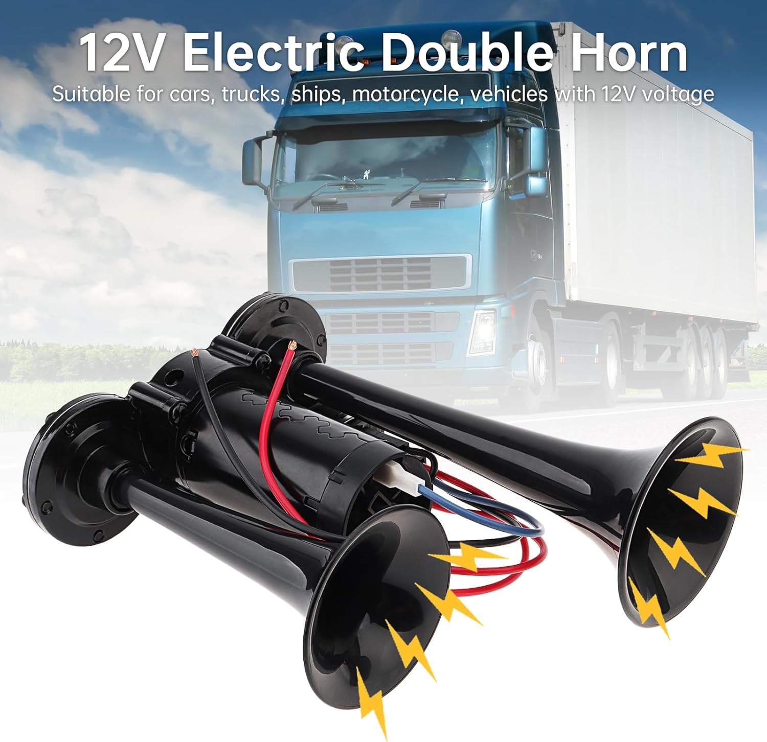 12V Electric Air Horn for Truck, 150DB Dual Trumpets Super Loud Electric Car Air Horn Kit with Compressor for Motorcycle Cars Trucks Pickup Lorries Trains Boats