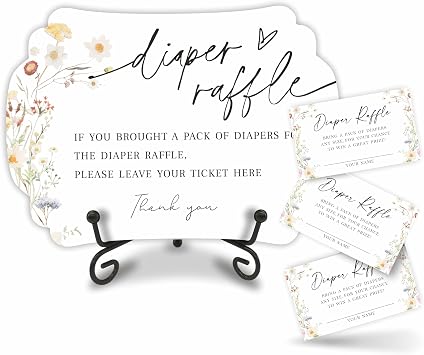 Wild Flower Diaper Party Game Set, 50 Pcs Diaper Raffle Tickets, 1 Wooden Sign & 1 Iron Stand, Gender Neutral Baby Shower Game Kit For Newborn, Party Favor & Supplies - A08