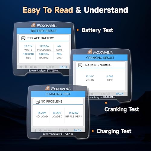 Miniatura 5 de FOXWELL BT705 PLUS - Probador de batería de coche de 24 V y 12 V, probador de carga de alternador automotriz 100-2000CCA probador de sistema