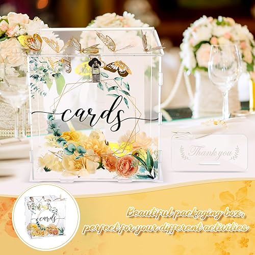 Miniatura 5 de 31 cajas de acrílico para tarjetas de boda con candado, caja de tarjetas transparente con cadena de luz, flores, decoraciones de mariposas para