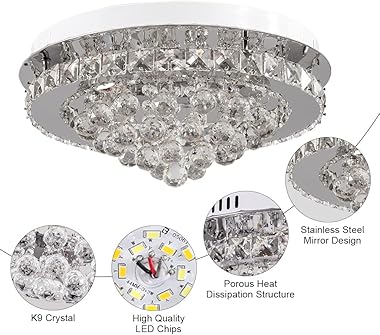XEMQENER Dimmable Crystal Chandelier with Remote, 40cm Round LED Ceiling Light, 36W Flush Mount Ceiling Lamp for Living Room 