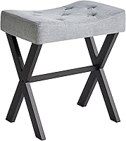 IBUYKE U-Shaped Linen Vanity Stool with X-Legs: Comfy Makeup Chair, Footrest Ottoman & Side Table for Bedroom, Living Room - Blue Gray