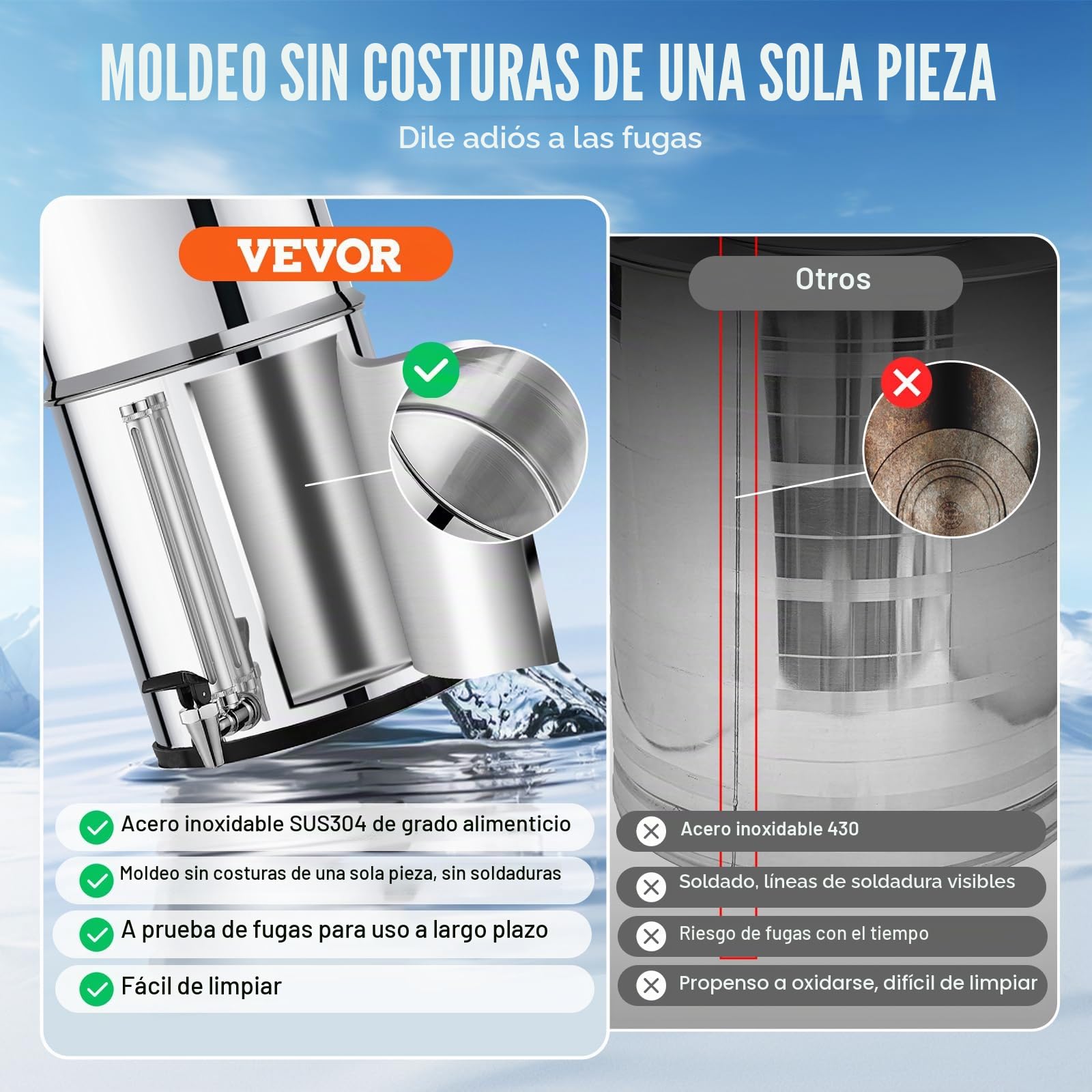 VEVOR Sistema de Filtración de Agua por Gravedad 8,5L Sistema de Encimera Acero Inoxidable Reduce Plomo y hasta 99% de Cloro con 2 Filtros de Carbón Membrana de Ultrafiltración Nivel de Agua Visible